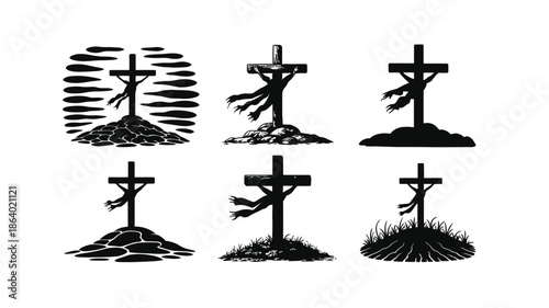 Six black silhouette illustrations show crosses with abstract figures on different grounds