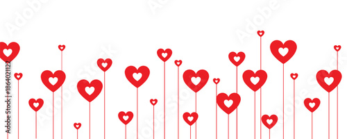 Vibrant red heart flowers on thin stems form a playful horizontal arrangement against pure white background. Minimalist vector art perfect for romantic designs, Valentine's cards, love posters.