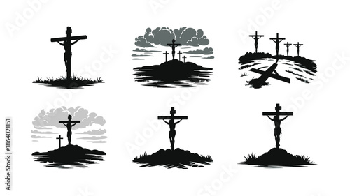 Six detailed black silhouettes portray crucifixions and crosses standing solemnly on rugged hilltops