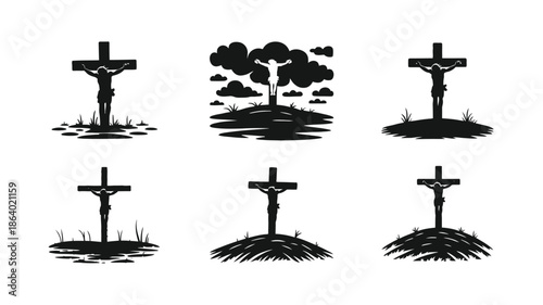 Six different black silhouette illustrations depicting Jesus Christ on the cross with various ground details