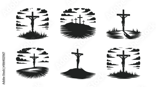 Six distinct silhouette illustrations of Jesus Christ on the cross atop a hill with clouds