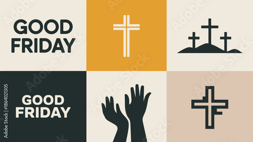 This image showcases a collection of Good Friday and Christian cross symbols in a simple iconographic style