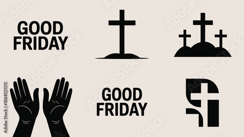 This visual collection displays various Good Friday symbols and text elements on a light neutral background