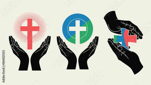 Three pairs of dark hands hold different stylized crosses with diverse color patterns