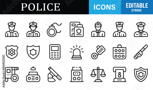 Minimal police and law enforcement outline icons set