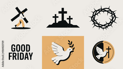 A detailed collection of Christian symbols representing Good Friday including Jesus carrying the cross and a dove