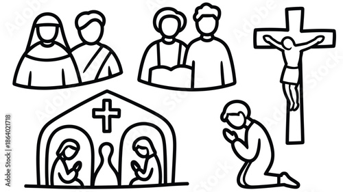 A diverse collection of Christian religious symbols and figures is presented in simple line art