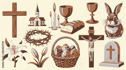A diverse collection of colorful Easter and Christian religious symbols including crosses, a church, and eggs