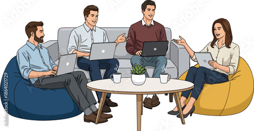 Young Startup Team Brainstorming and Sharing Ideas in Modern Office - Vector Illustration
