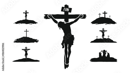 Diverse collection of black cross and crucifixion silhouettes, featuring Jesus on a cross and grieving figures