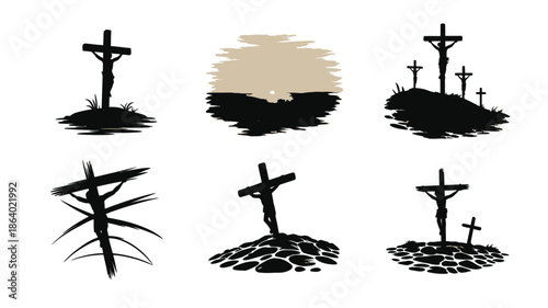 Dark silhouettes of crucifixes and various crosses standing on small hills and rocky ground