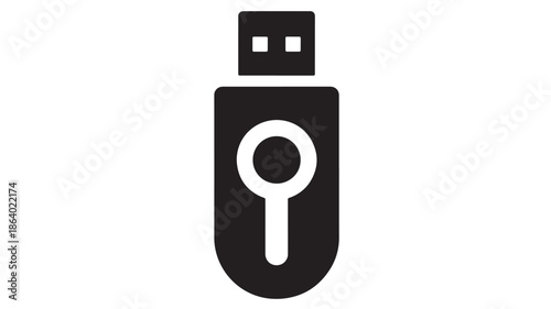 Minimal black USB flash drive icon with square connector, rounded body and white circular keyhole shape in center, flat vector illustration on white