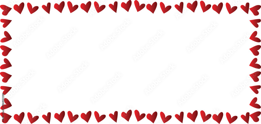 Obraz premium Red heart border frame surrounding clean white space. Simple romantic pattern forming a rectangular decorative outline. Love themed design for Valentine cards, messages, and celebrations. 