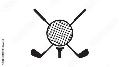 Black vector icon of a golf ball with a dotted texture, crossed golf clubs behind it, and a tee beneath, minimalist sports symbol for branding