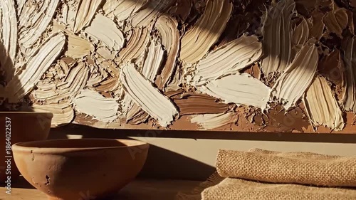 Rustic Arrangement Of Pottery With Burlap And Abstract Painting In Soft Natural Light