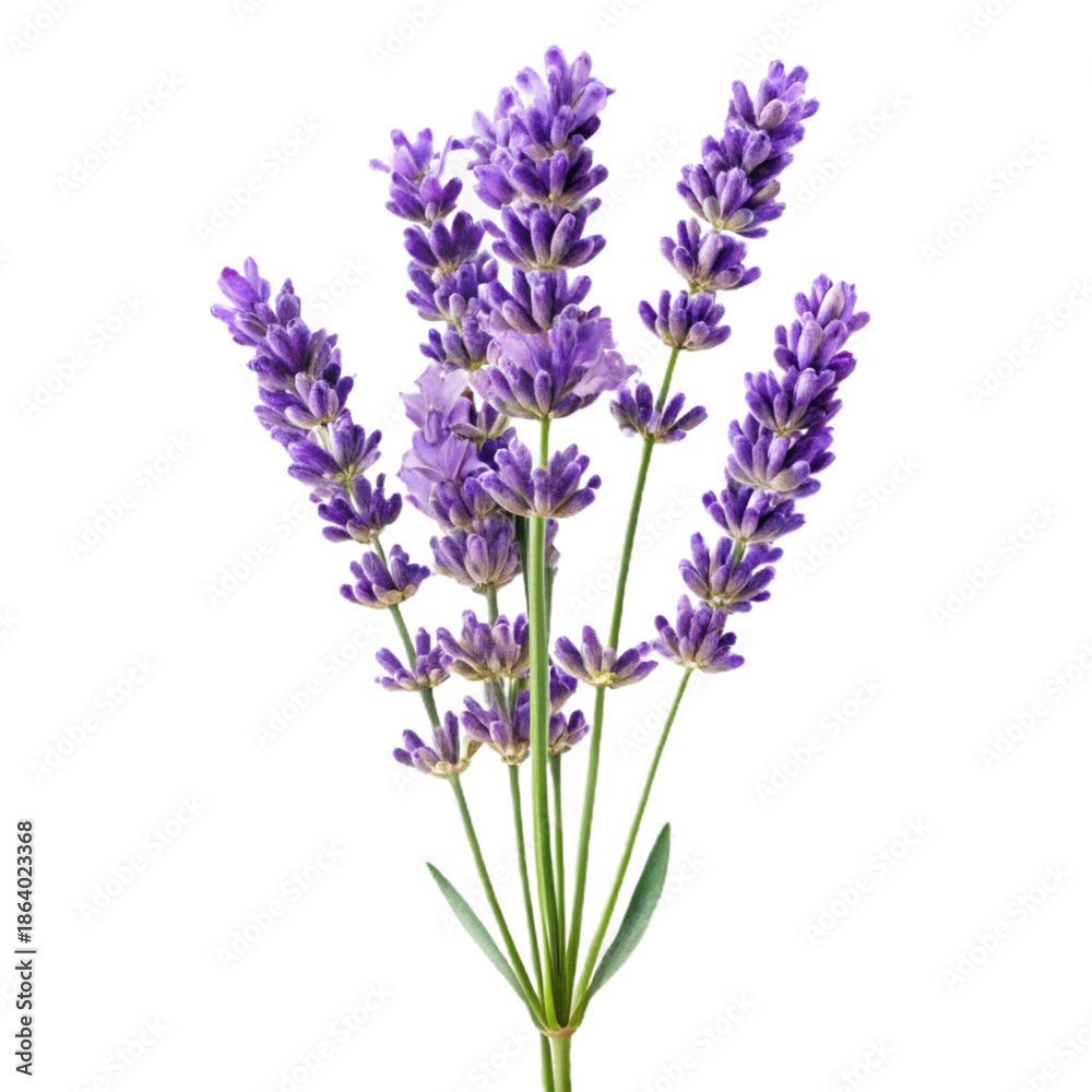 Obraz premium Bunch of fresh lavender flowers detailed botanical illustration with green stems isolated on a clean white background for floral design and aromatherapy