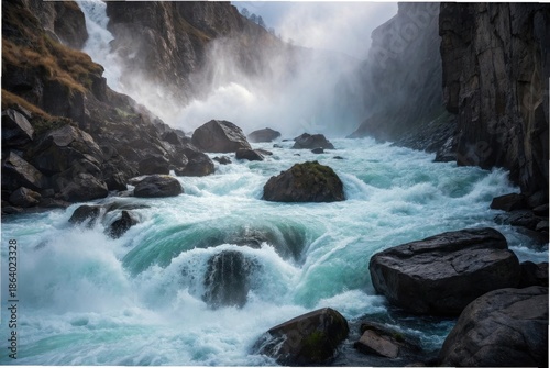 Powerful river rapids surging through a narrow rocky canyon, white water crashing over jagged stones,