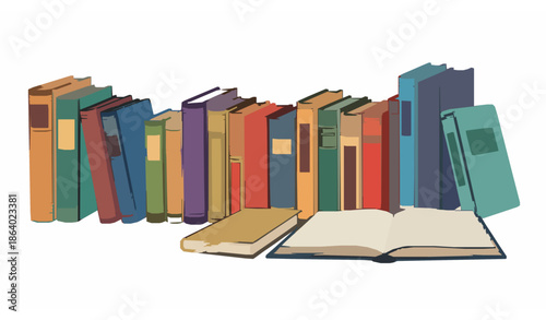 Colorful library books collection vector illustration with open and closed books