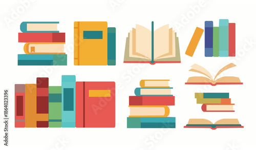 Hand drawn colorful books vector collection with open and closed volumes