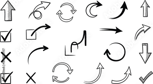 Hand drawn arrow and check mark icon set featuring sketch style directional arrows, circular motion symbols, UI elements, and doodle navigation isolated on white background