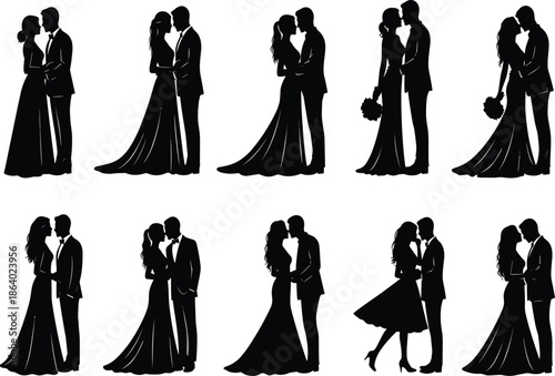 Elegant wedding couple silhouette collection featuring romantic bride and groom poses, love moments, marriage celebration, and timeless relationship symbols isolated on white background
