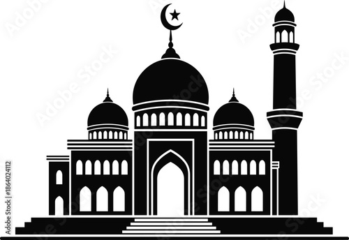 Islamic mosque silhouette with domes and minaret featuring crescent moon symbol, religious architecture, faith, and spiritual worship concept isolated on white background
