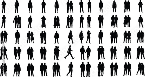 People silhouette set featuring men and women standing, walking, and socializing, representing crowd diversity, human interaction, and everyday lifestyle scenes isolated on white background