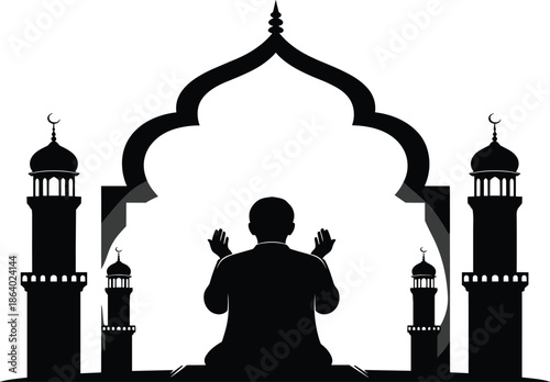 Muslim man praying silhouette inside mosque arch featuring minarets, Islamic faith devotion, spirituality, and religious worship concept isolated on white background