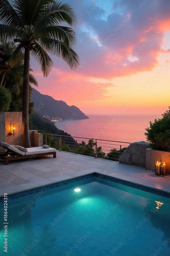 Fototapeta premium Luxury holiday villa with private pool and stunning ocean views, perfect for a relaxing getaway Enjoy breathtaking sunsets from your private terrace , private, balcony