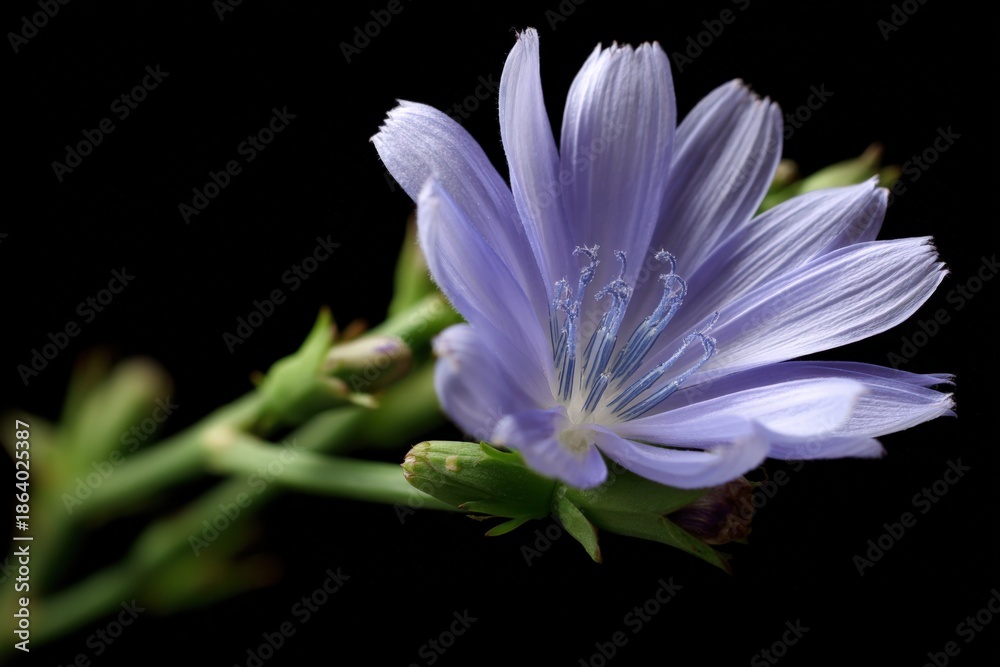 Fototapeta premium Close-up of delicate purple chicory blossom against black background