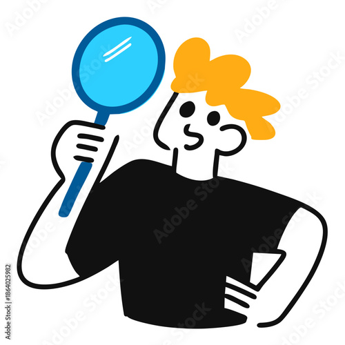 Searching man illustration vector for career concepts. Ideal for job hunting, finding solutions, exploring options, and discovery visuals with a magnifying glass.