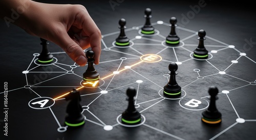 Strategic Hand Moving Chess Piece on Network Diagram