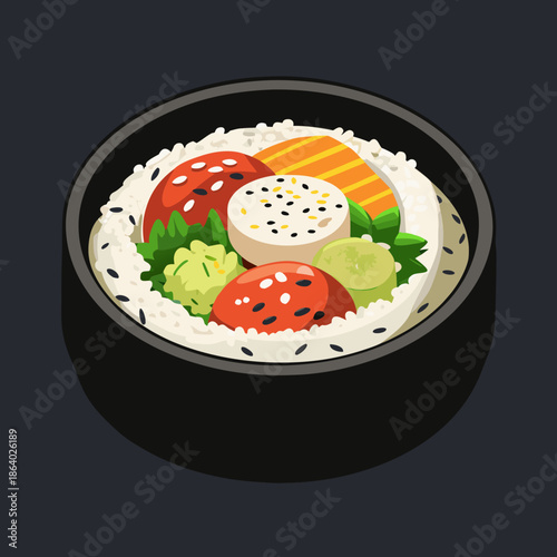 Minimalist flat lay, a California sushi roll bowl with seasoned sushi rice, shredded cabbage, avocado, crab stick, and tobiko, neatly arranged in a black lacquer bento