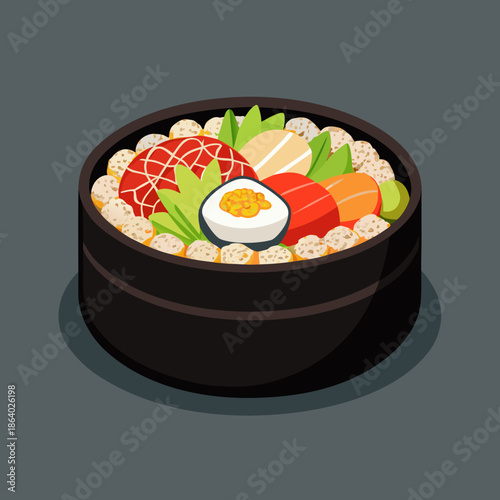 Minimalist flat lay, a California sushi roll bowl with seasoned sushi rice, shredded cabbage, avocado, crab stick, and tobiko, neatly arranged in a black lacquer bento