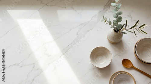 Wallpaper Mural Minimalist Kitchen Countertop with Earthenware Bowls and Eucalyptus Branch. Torontodigital.ca