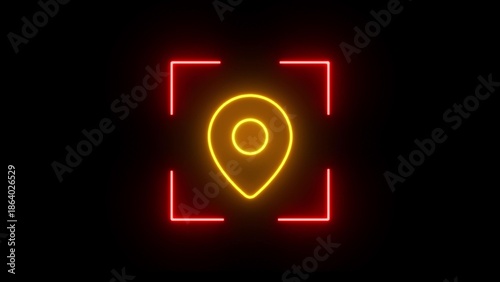 Yellow Neon Location Pin Icon Centered Within a Red Targeting Reticle on Black Background map marker
