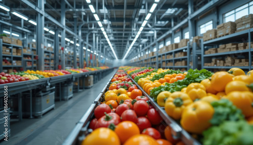 Vibrant assortment of fresh vegetables, including tomatoes, bell peppers, and leafy greens, is displayed conveyor belt modern warehouse. setting is well lit, emphasizing freshness and variety