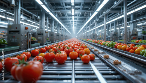 Modern automated factory processes fresh tomatoes on conveyor belt, showcasing advanced technology in agriculture. vibrant red tomatoes are neatly arranged, highlighting efficiency