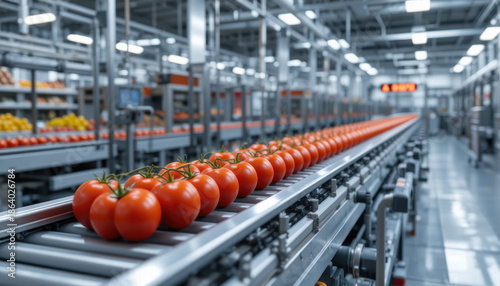 Row of fresh tomatoes moves along conveyor belt modern food processing facility, showcasing industrial efficiency and precision. bright red tomatoes are neatly aligned, highlighting advanced