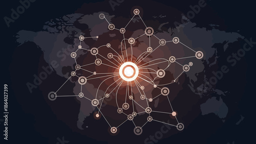 Global Digital Network Connecting World Map Central Hub for Worldwide Communication and Data Flow
