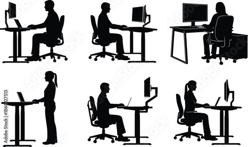 Collection of business people silhouettes working at computers, sitting and standing at ergonomic office desks, isolated on white background, vector.