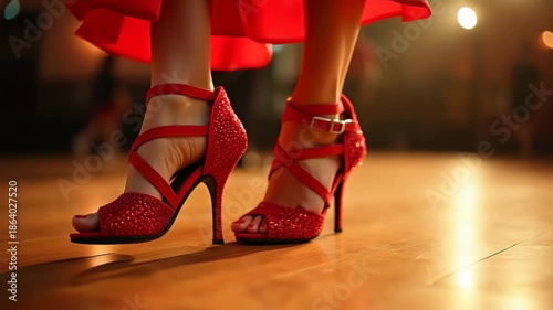 Vibrant red salsa dance shoes with sparkly details on polished wooden dance floor, Latin dance fitness culture, high heels with ankle straps, dance fitness symbolism