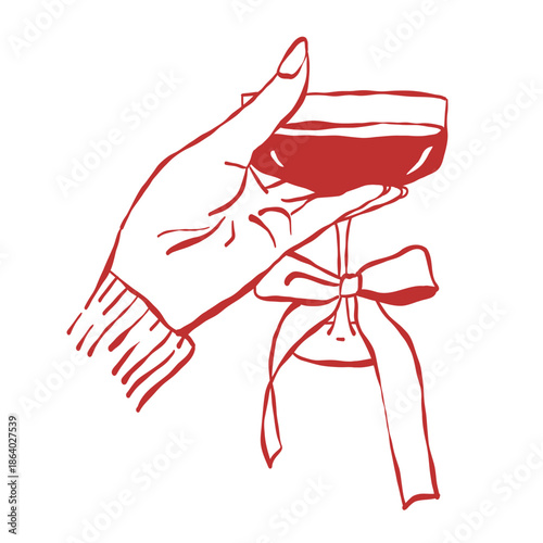 A hand holding a wine glass with a bow. Vector red outline illustration for Christmas, Valentines Day, weddings, and birthdays.