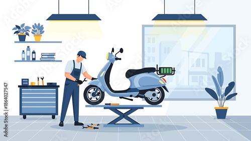 Technician servicing an eco-friendly electric scooter in a modern workshop, emphasizing sustainable vehicle repair