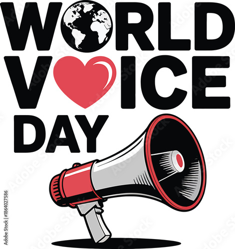 Megaphone and text World Voice Day with a globe and heart vocal speaking