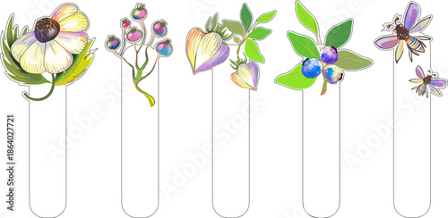 Vintage bohemian bookmarks with flowers, blueberries, and butterflies on a white background. Decorations for studying, hobbies and holidays. Vector.