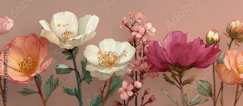 Watercolor floral arrangement with various blooms against a muted background