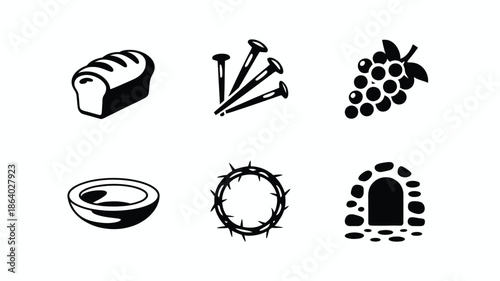 A collection of black and white icons representing symbols of Christian passion and Easter story
