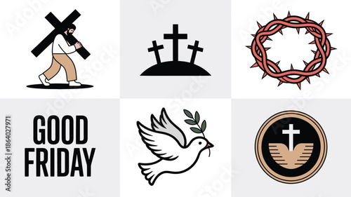 A collection of Christian symbols for Good Friday featuring Jesus carrying the cross, Calvary, and a dove