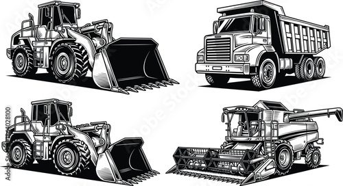 Set of black and white vector illustrations comprising wheel loader, dump truck, and combine harvester isolated on white background